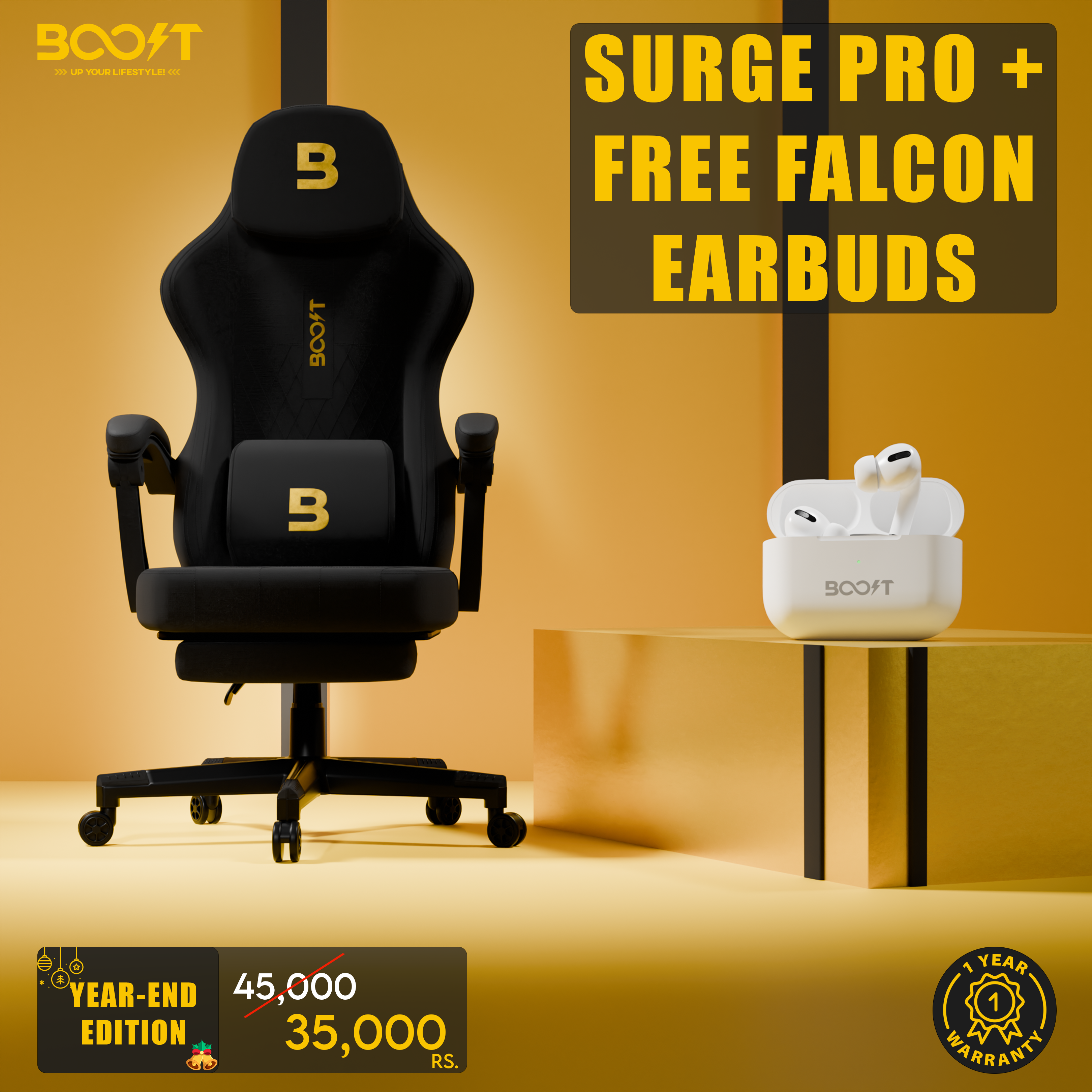 Boost Surge Pro Ergonomic Chair with Footrest (Free Falcon Earbuds)