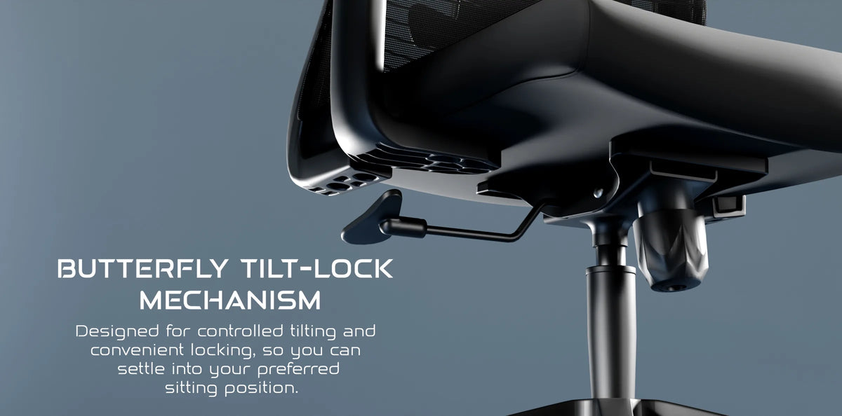 Momentum butterfly tilt-lock mechanism for controlled tilting and convenient locking.